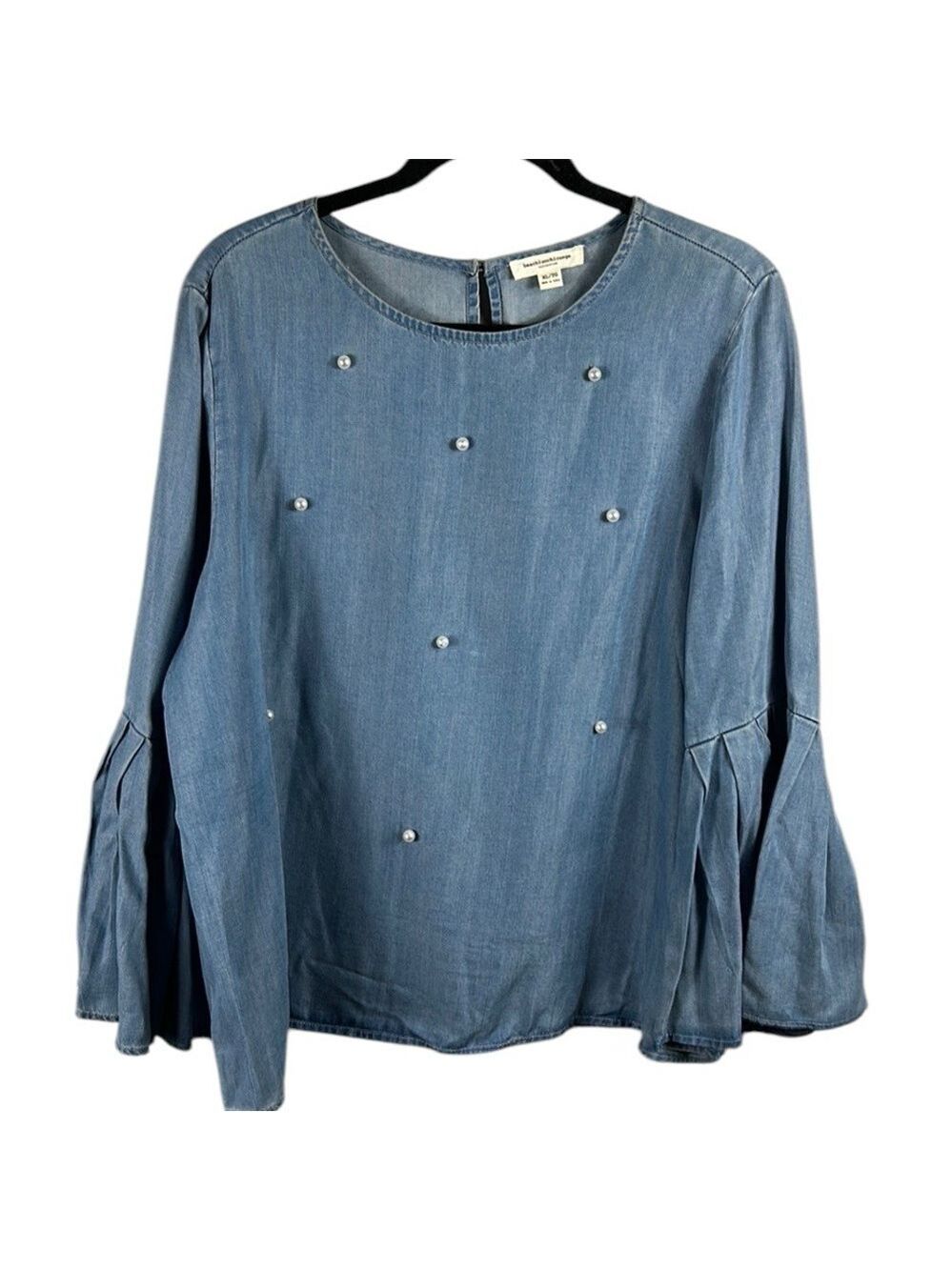 Beachlunchlounge Chambray Pearl Trim Bell Sleeve Top Size XL
